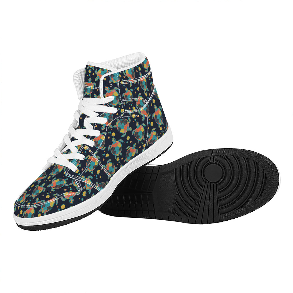 Retro Sea Turtle Pattern Print High Top Leather Sneakers