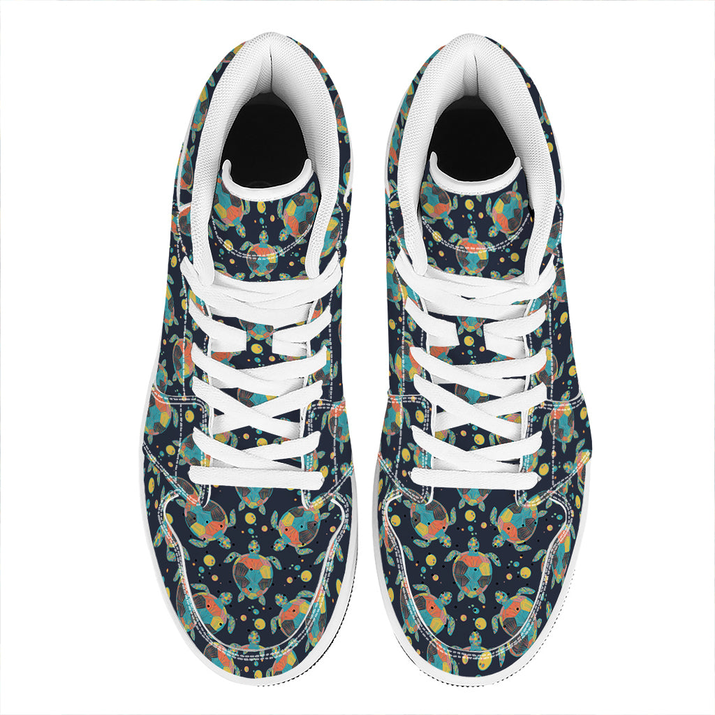 Retro Sea Turtle Pattern Print High Top Leather Sneakers