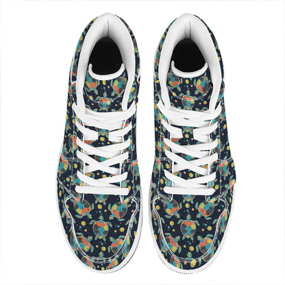 Retro Sea Turtle Pattern Print High Top Leather Sneakers