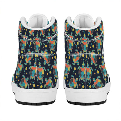 Retro Sea Turtle Pattern Print High Top Leather Sneakers