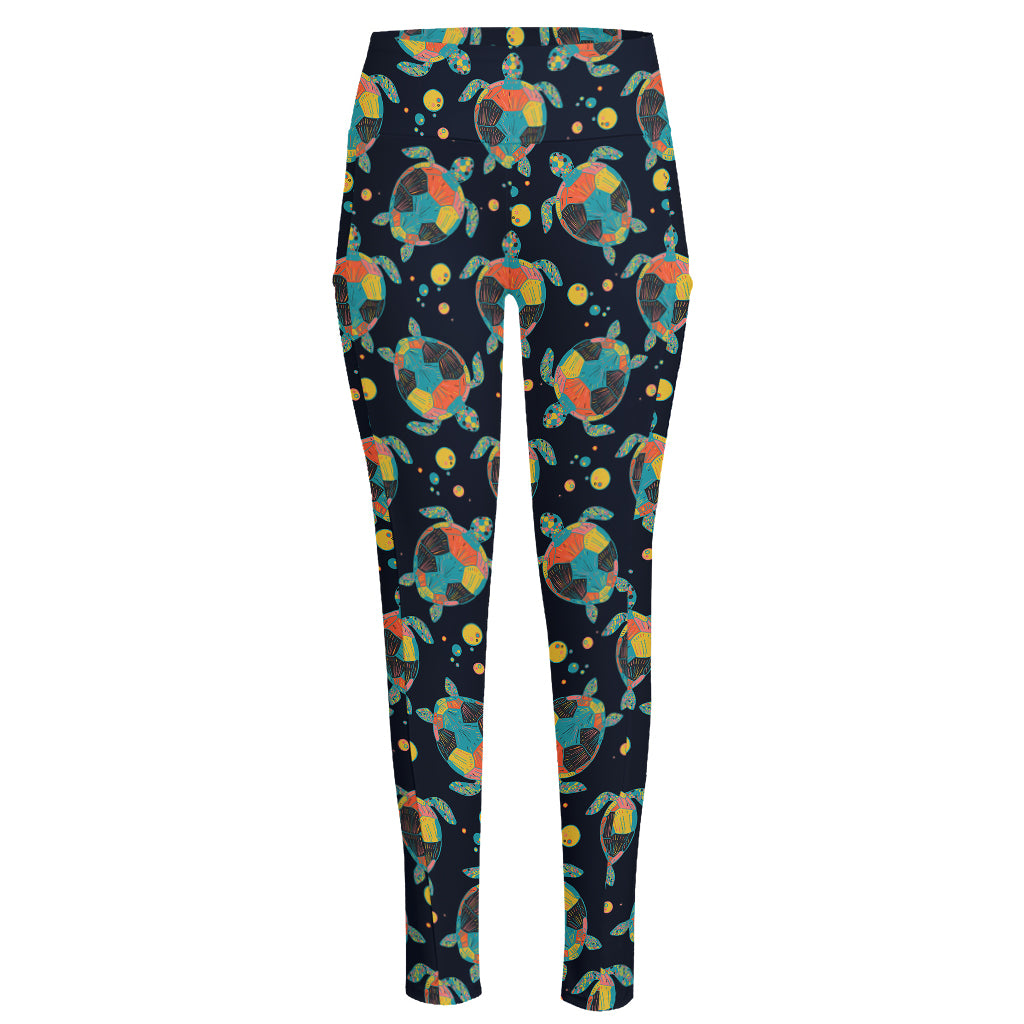 Retro Sea Turtle Pattern Print High-Waisted Pocket Leggings