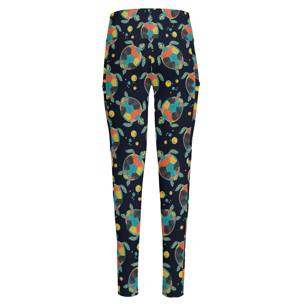 Retro Sea Turtle Pattern Print High-Waisted Pocket Leggings