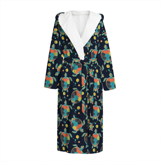 Retro Sea Turtle Pattern Print Hooded Bathrobe