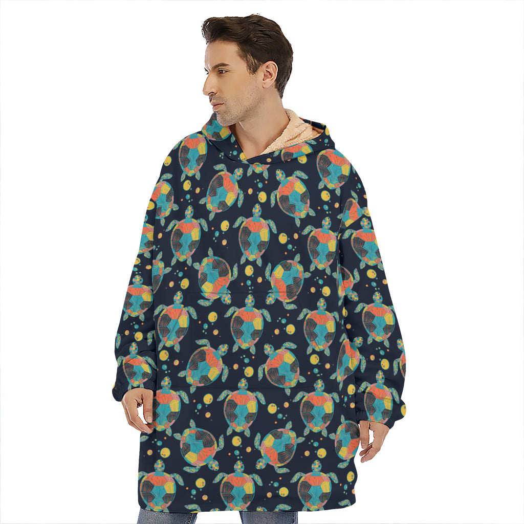 Retro Sea Turtle Pattern Print Hoodie Blanket