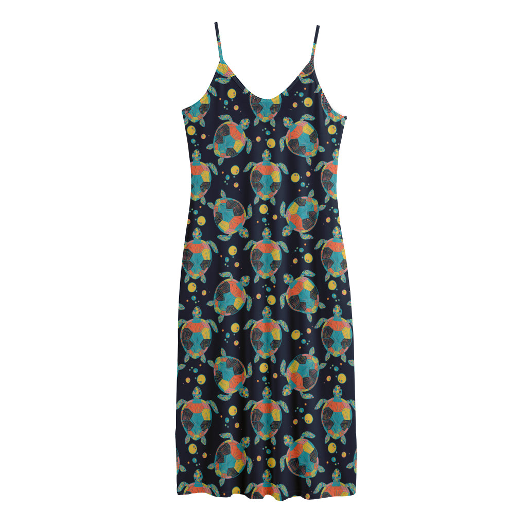 Retro Sea Turtle Pattern Print Jersey Midi Cami Dress