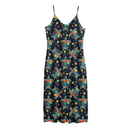 Retro Sea Turtle Pattern Print Jersey Midi Cami Dress