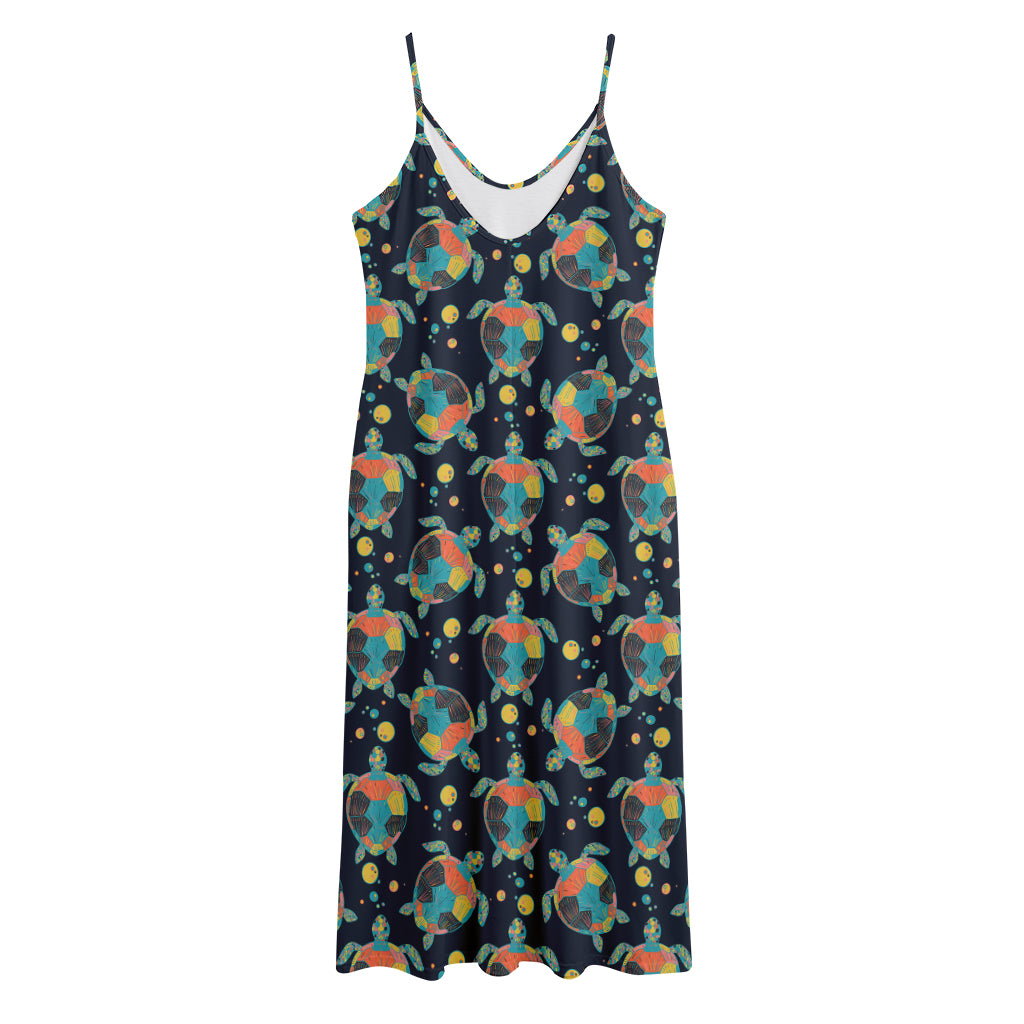Retro Sea Turtle Pattern Print Jersey Midi Cami Dress