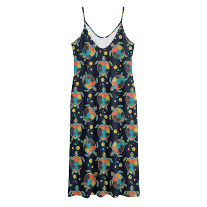 Retro Sea Turtle Pattern Print Jersey Midi Cami Dress
