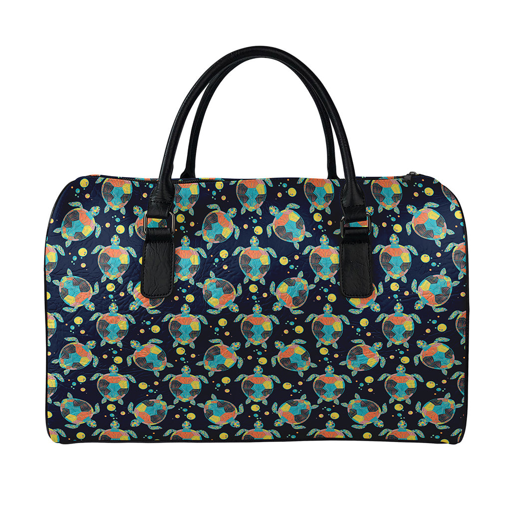 Retro Sea Turtle Pattern Print Leather Duffle Bag
