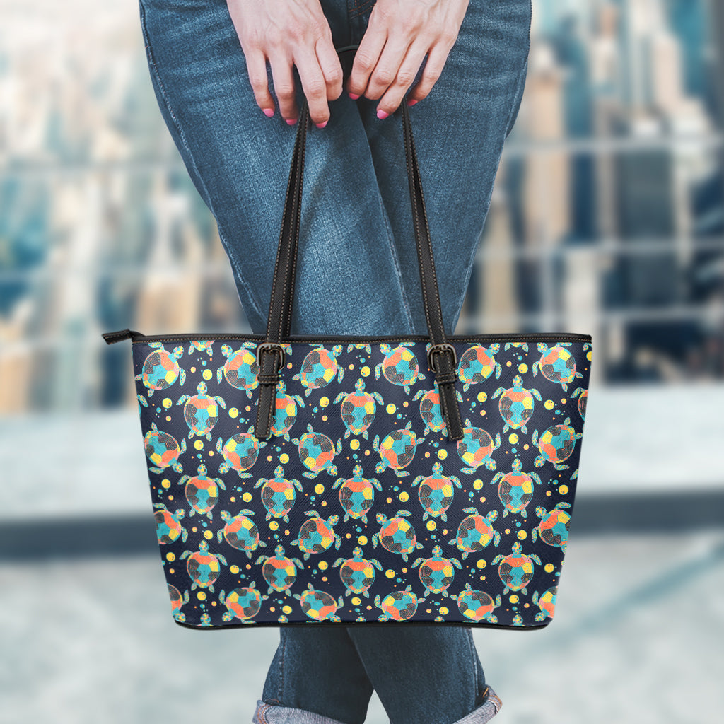 Retro Sea Turtle Pattern Print Leather Tote Bag