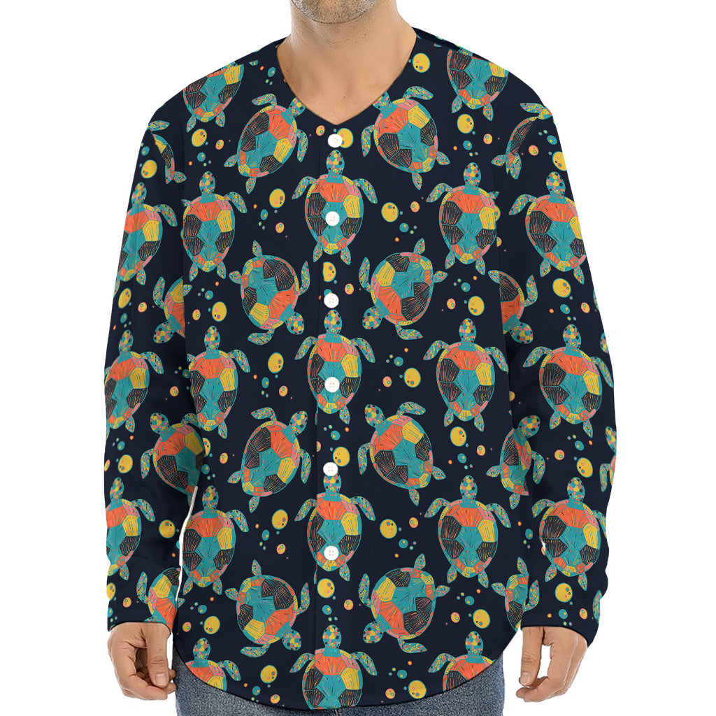 Retro Sea Turtle Pattern Print Long Sleeve Baseball Jersey