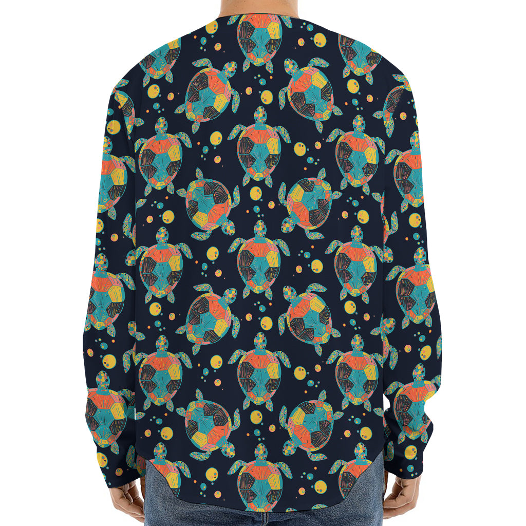 Retro Sea Turtle Pattern Print Long Sleeve Baseball Jersey