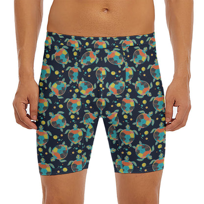 Retro Sea Turtle Pattern Print Men's Long Boxer Briefs