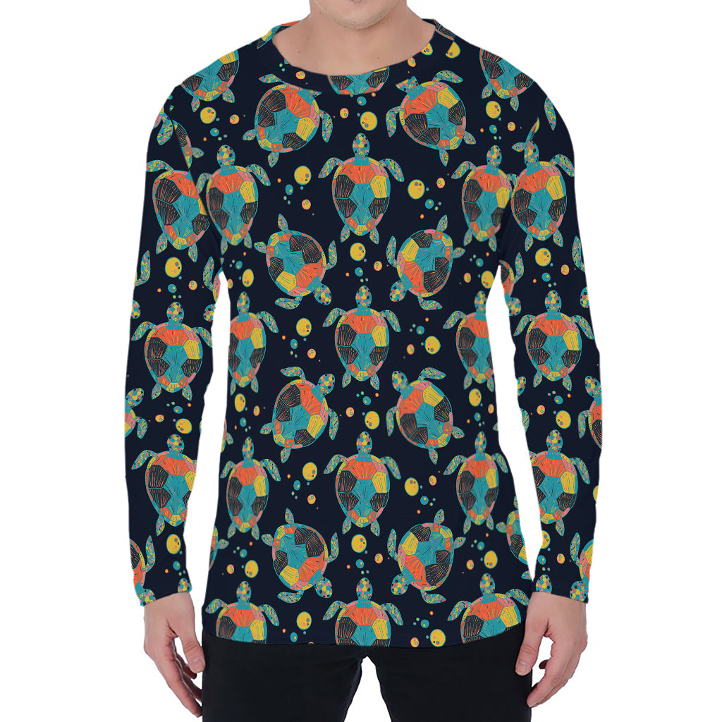 Retro Sea Turtle Pattern Print Men's Long Sleeve T-Shirt