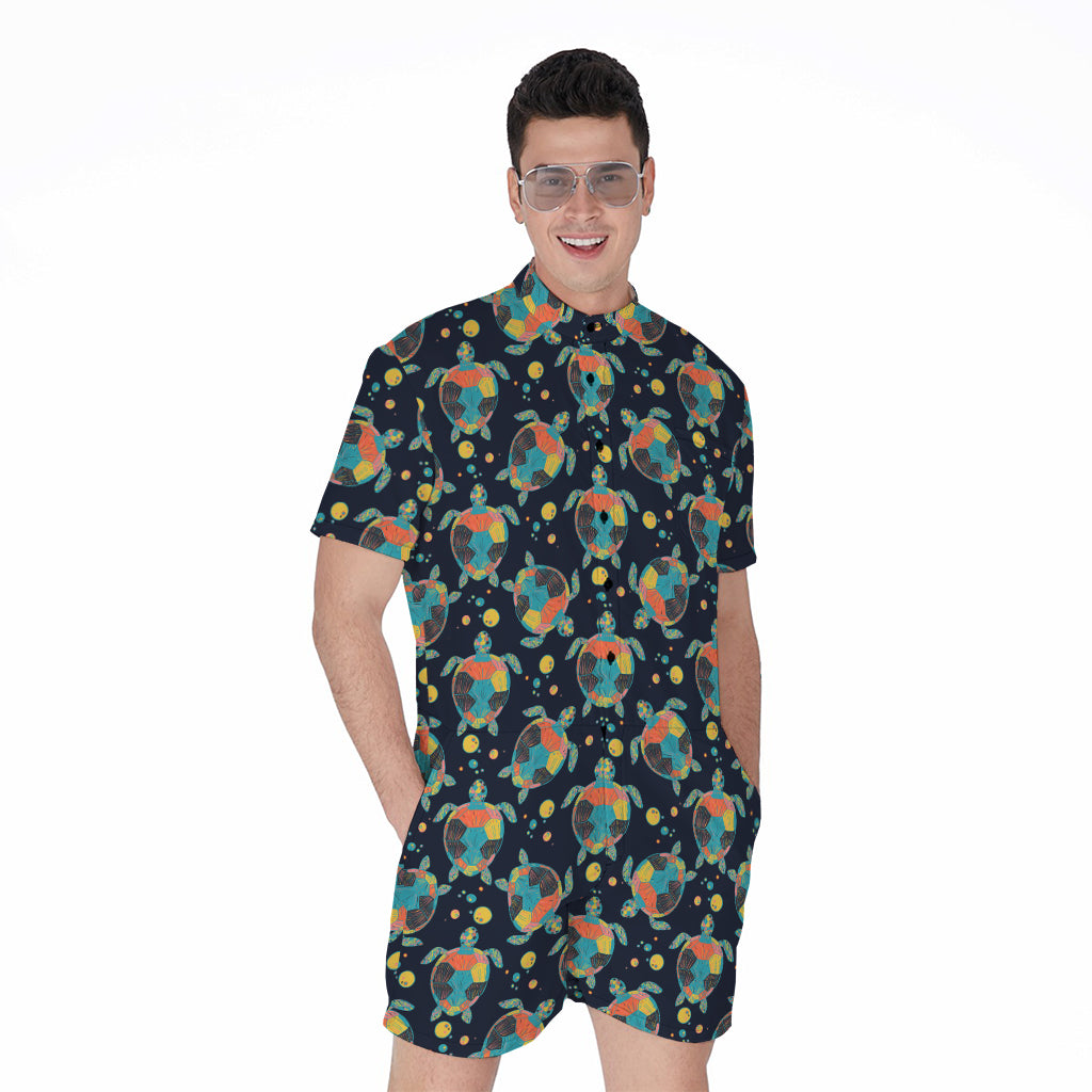 Retro Sea Turtle Pattern Print Men's Rompers