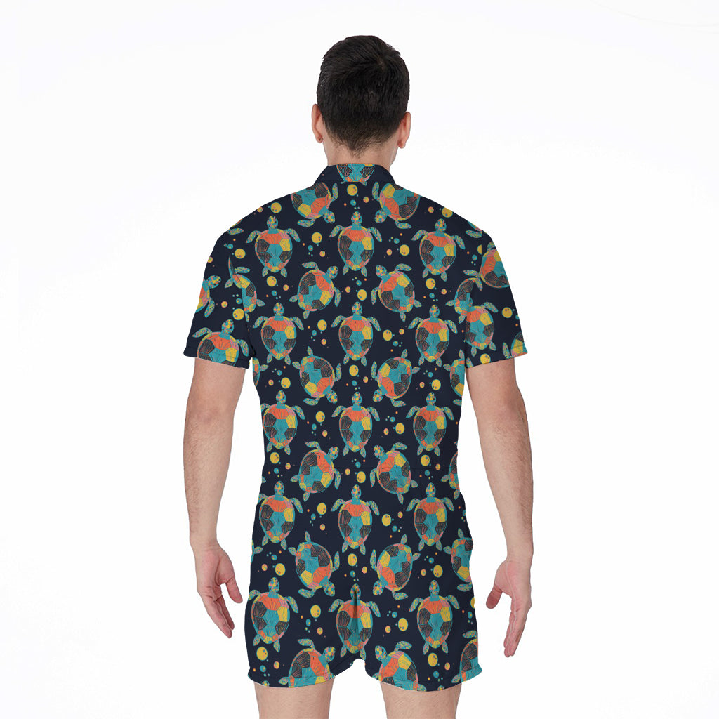 Retro Sea Turtle Pattern Print Men's Rompers
