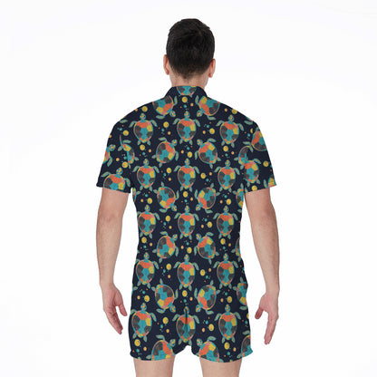 Retro Sea Turtle Pattern Print Men's Rompers