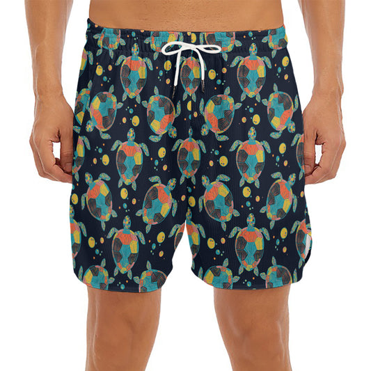 Retro Sea Turtle Pattern Print Men's Split Running Shorts