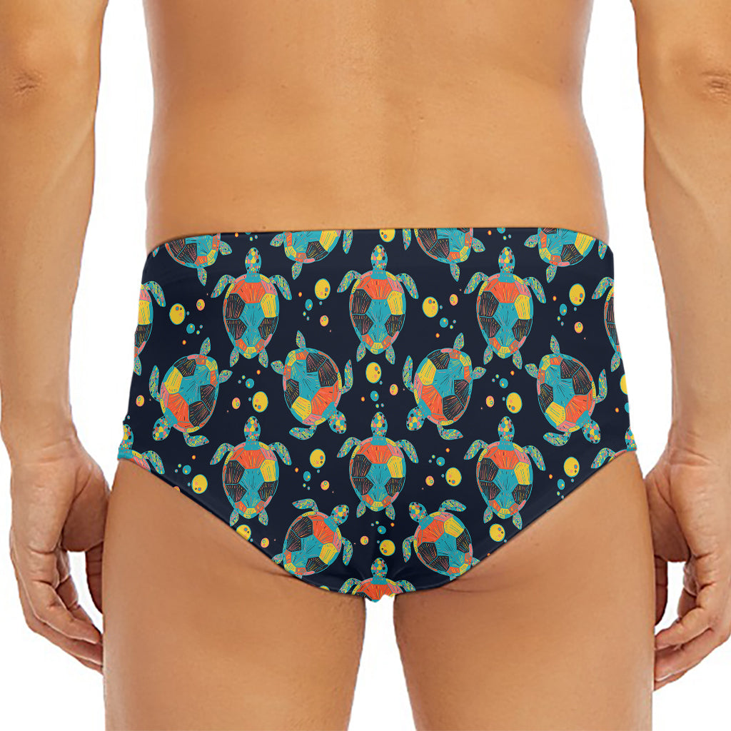 Retro Sea Turtle Pattern Print Men's Triangle Swim Briefs
