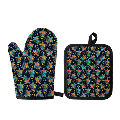 Retro Sea Turtle Pattern Print Oven Mitt And Pot Holder Set