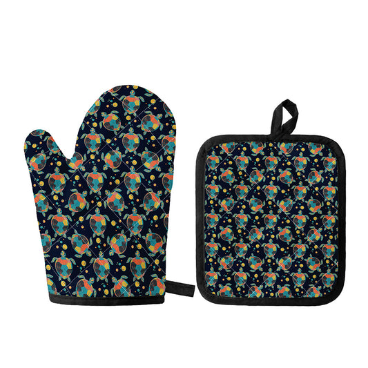 Retro Sea Turtle Pattern Print Oven Mitt And Pot Holder Set
