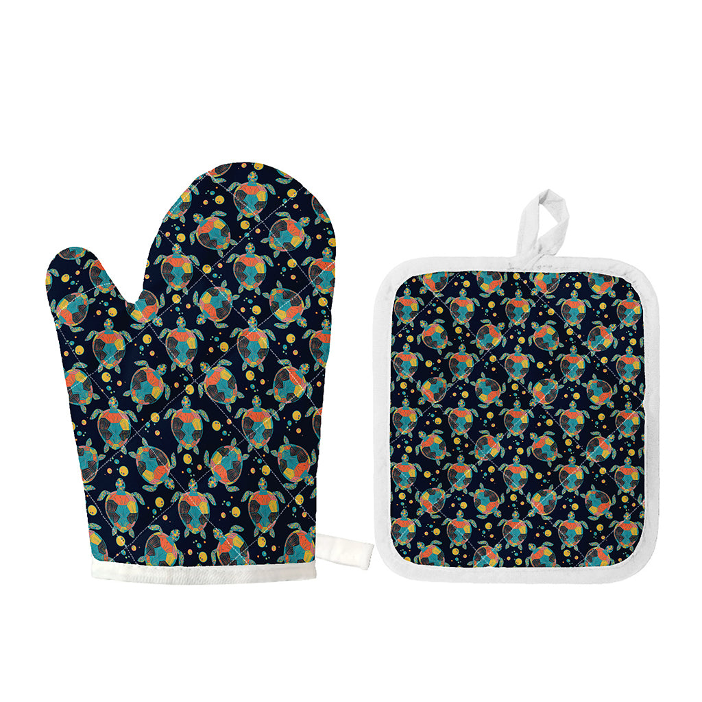 Retro Sea Turtle Pattern Print Oven Mitt And Pot Holder Set