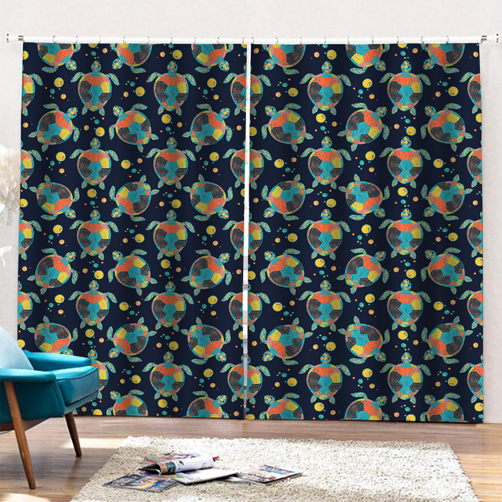 Retro Sea Turtle Pattern Print Pencil Pleat Curtains