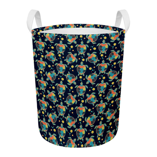 Retro Sea Turtle Pattern Print Round Laundry Basket