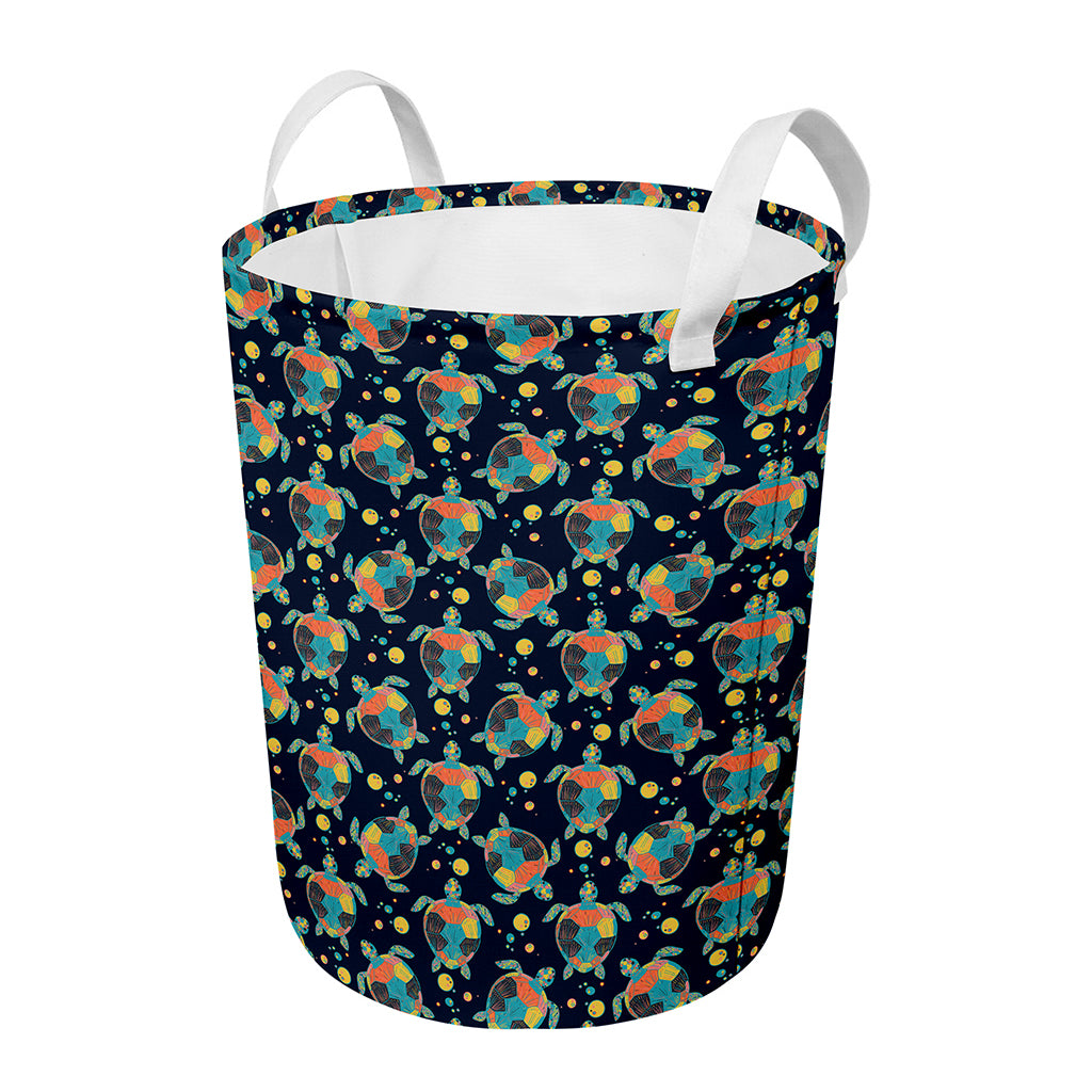 Retro Sea Turtle Pattern Print Round Laundry Basket