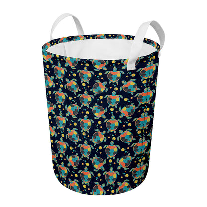 Retro Sea Turtle Pattern Print Round Laundry Basket