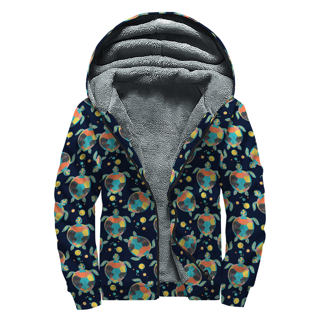 Retro Sea Turtle Pattern Print Sherpa Lined Zip Up Hoodie