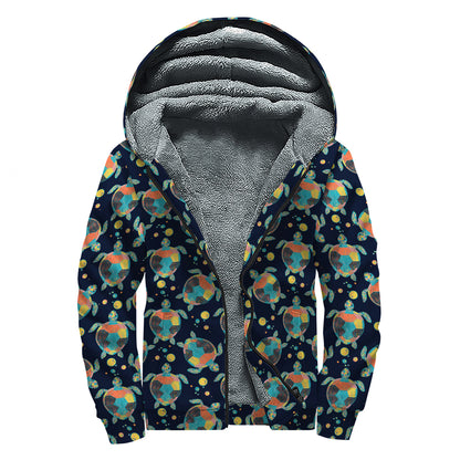 Retro Sea Turtle Pattern Print Sherpa Lined Zip Up Hoodie