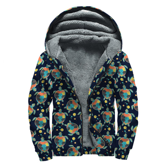 Retro Sea Turtle Pattern Print Sherpa Lined Zip Up Hoodie