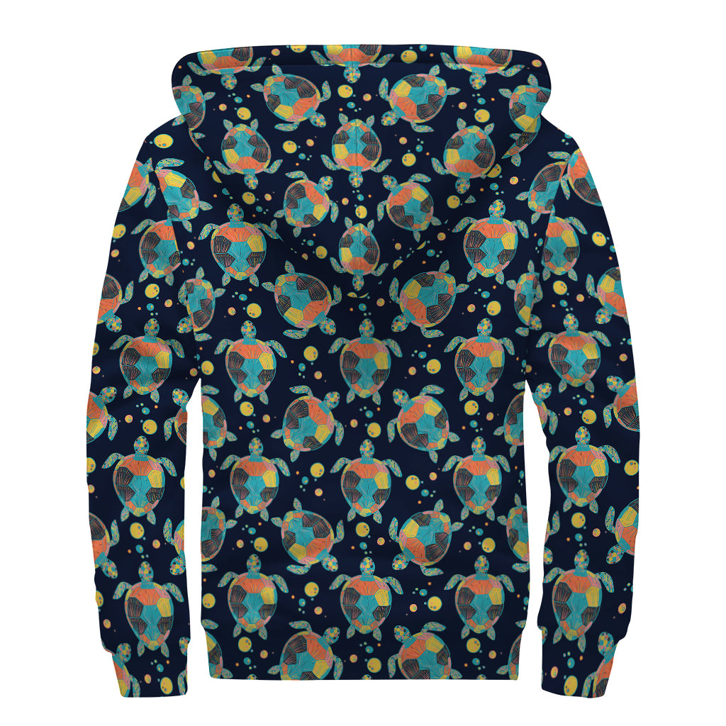 Retro Sea Turtle Pattern Print Sherpa Lined Zip Up Hoodie
