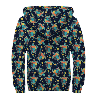 Retro Sea Turtle Pattern Print Sherpa Lined Zip Up Hoodie