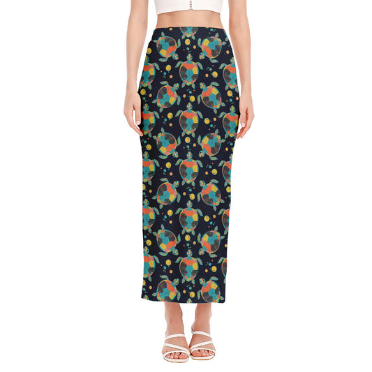 Retro Sea Turtle Pattern Print Side Slit Maxi Skirt