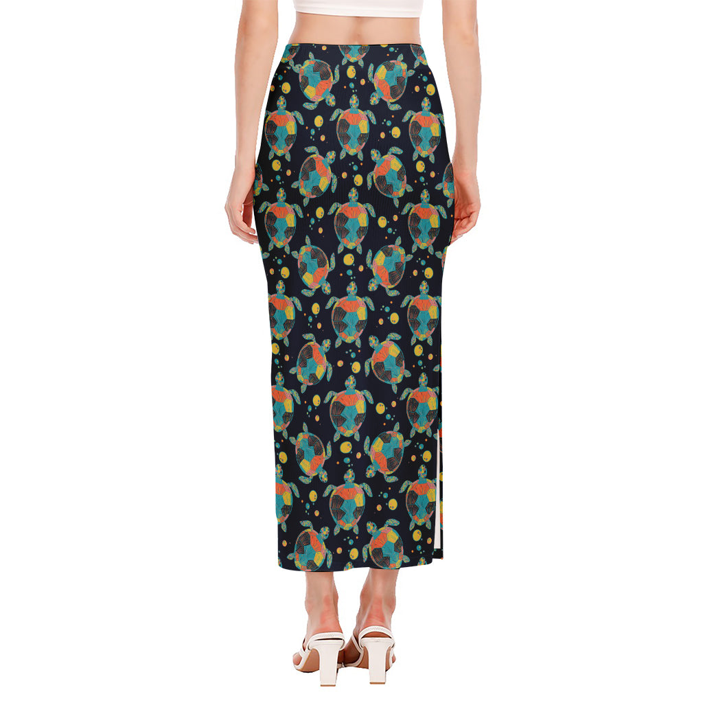Retro Sea Turtle Pattern Print Side Slit Maxi Skirt