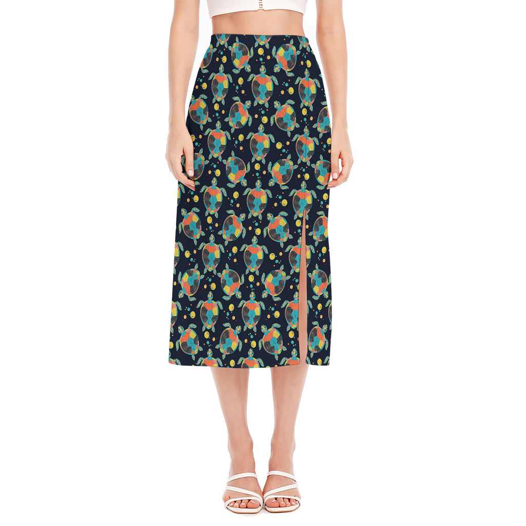 Retro Sea Turtle Pattern Print Side Slit Midi Skirt