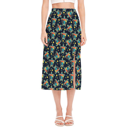 Retro Sea Turtle Pattern Print Side Slit Midi Skirt
