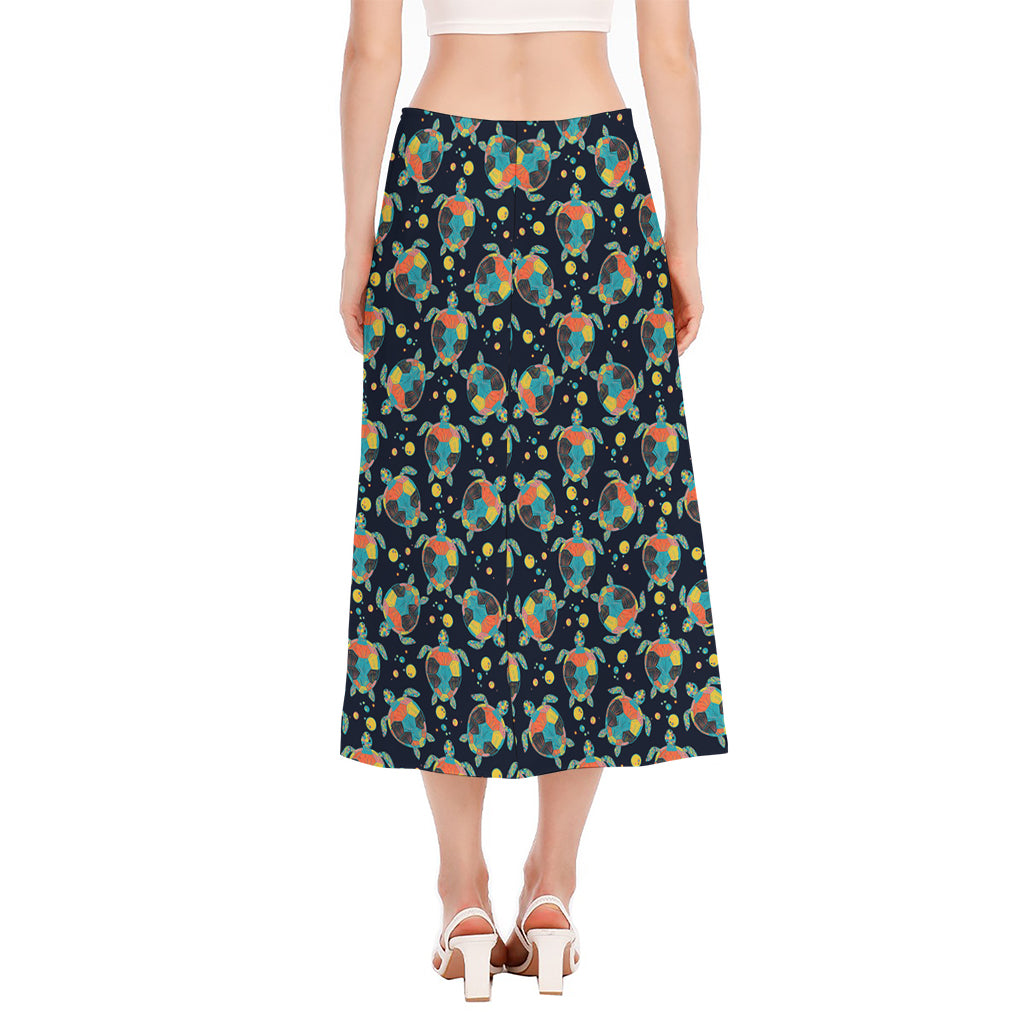 Retro Sea Turtle Pattern Print Side Slit Midi Skirt