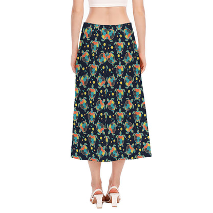 Retro Sea Turtle Pattern Print Side Slit Midi Skirt