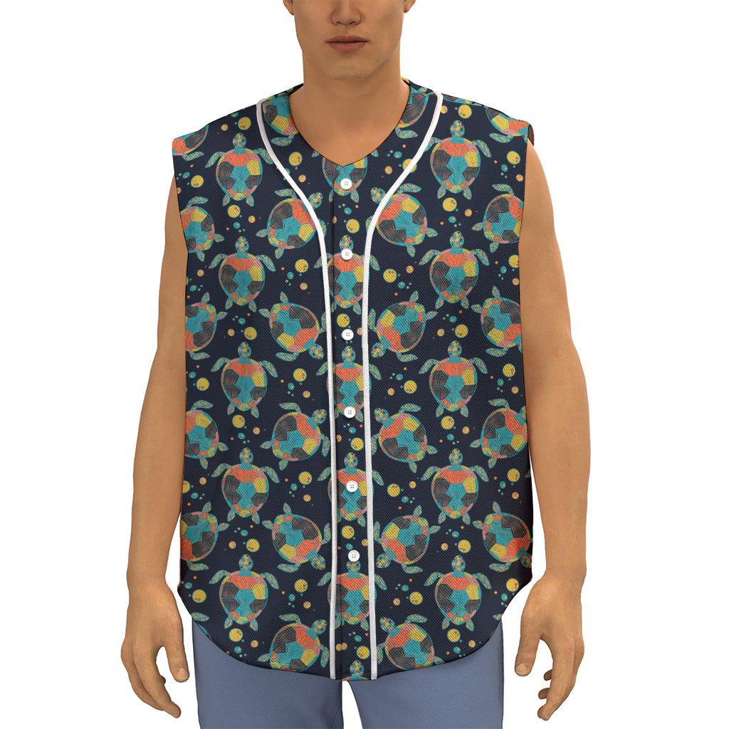 Retro Sea Turtle Pattern Print Sleeveless Baseball Jersey