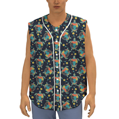 Retro Sea Turtle Pattern Print Sleeveless Baseball Jersey