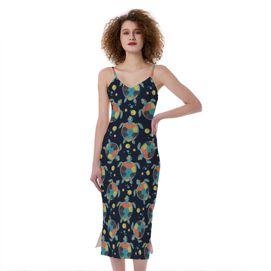 Retro Sea Turtle Pattern Print Slim Fit Midi Cami Dress