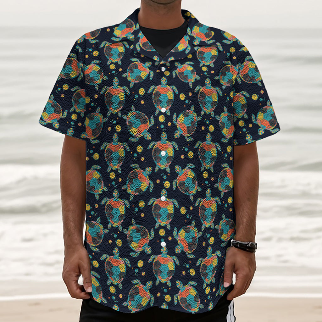 Retro Sea Turtle Pattern Print Textured Short Sleeve Shirt