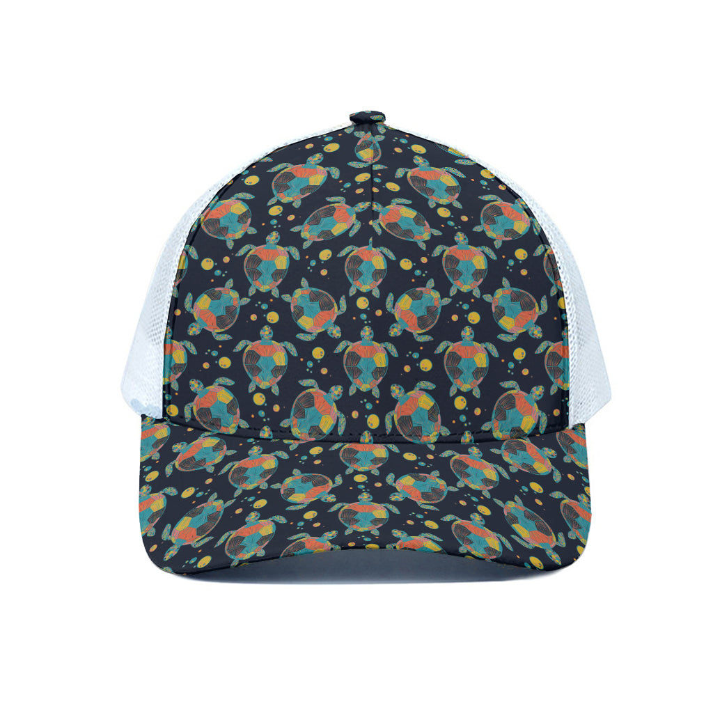 Retro Sea Turtle Pattern Print White Mesh Trucker Cap
