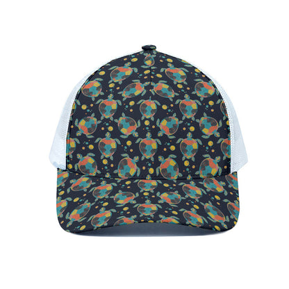 Retro Sea Turtle Pattern Print White Mesh Trucker Cap