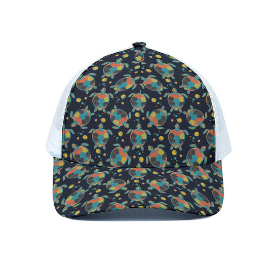Retro Sea Turtle Pattern Print White Mesh Trucker Cap