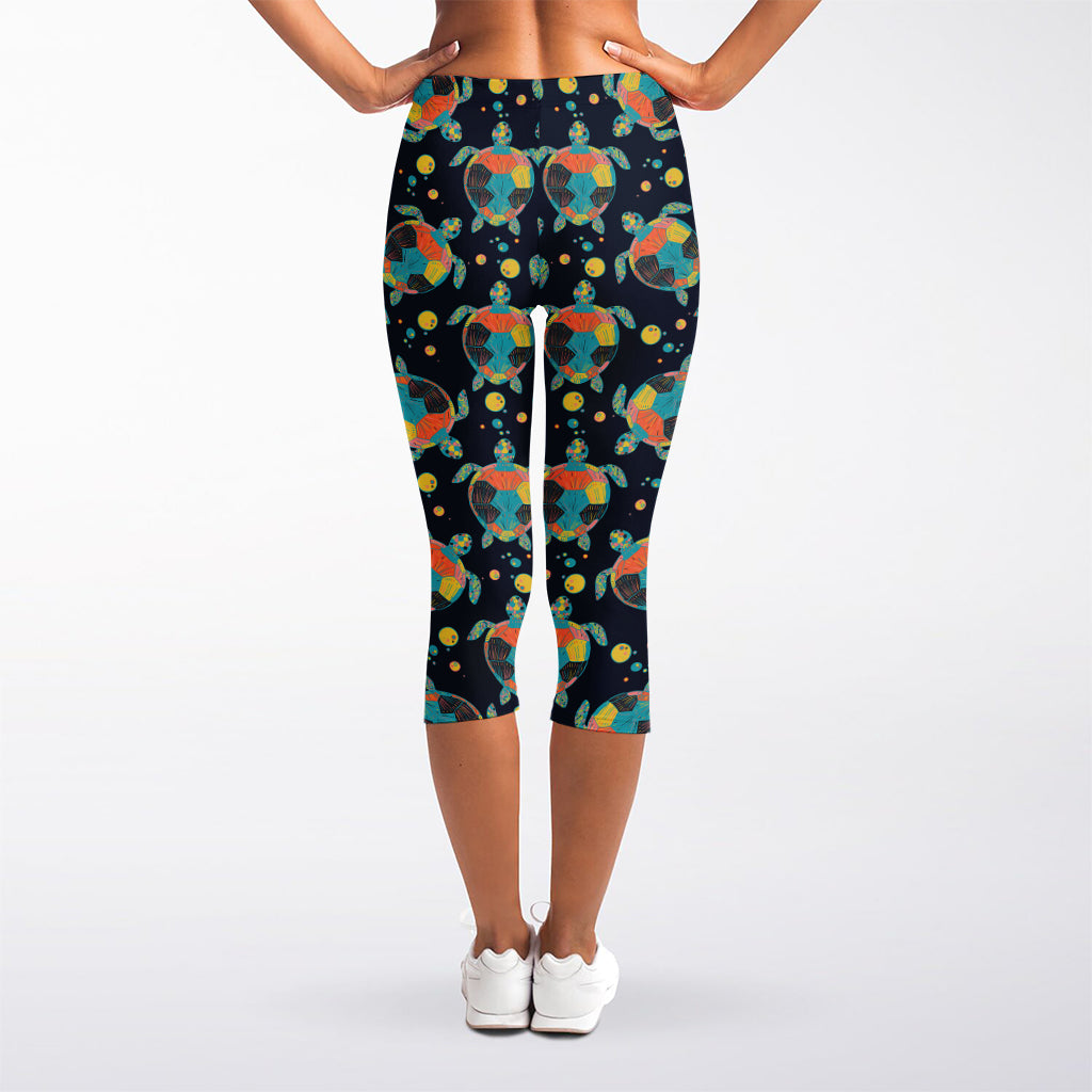 Retro Sea Turtle Pattern Print Women's Capri Leggings
