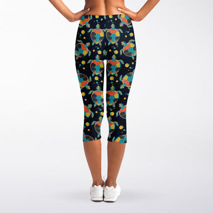 Retro Sea Turtle Pattern Print Women's Capri Leggings